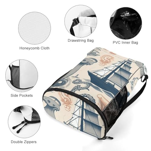 Lighthouse Sailboat Fish Shells Octopus Drawstring Backpack with Wet Pocket - Large Capacity Gym Bag with Shoe Compartment & Mesh Pockets, Adjustable Lightweight Gym Backpack for Swimming, Travel, Wor