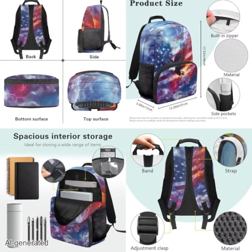 3PCS Kids Backpacks for Teen Girls Boys, Flag Eagle 17 Inch School Bookbag Set with Lunch Bag Pencil Case 3 in 1 Lightweight Daypacks for Middle High School Students - color: Flag Eagle