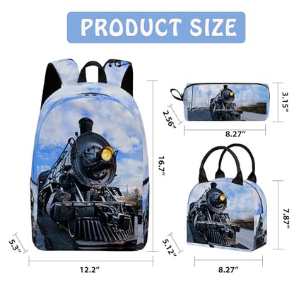 Train 3PCS Backpack for Boys Girls, Kids Back to School Backpack Set with Lunch Box Pencil Case, 17 Inch Lightweight Bookpack 3 in 1 Set for Teens Elementary Middle High School Students - color: Train