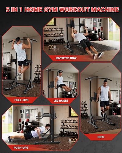 Pull Up Bar Free Standing Power Tower Dip Station, 450 Lb Capacity Carbon Steel Pull Up Station for Home Gym, Adjustable Height for Pullups Chin Ups Dips Knee Raises