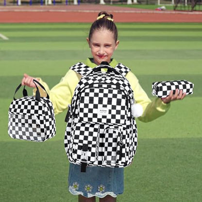 ACESAK Backpack for Girls - Girls Backpack with Lunch Bag & Pencil Pouch for Teen Kids Laptop Backpack for Women, Elementary Middle High School Bookbag Travel Daypack (Black Checkered) - color: Black Checkered
