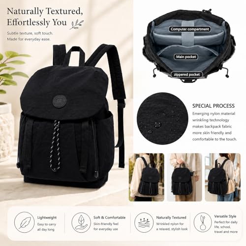 Women's Lightweight Backpack Purse,Water Resistant Nylon Casual Travel Backpack,Fashion Daypack for Hiking& Daily Use - color: Black