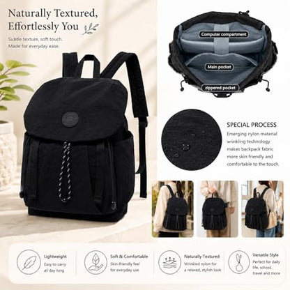Women's Lightweight Backpack Purse,Water Resistant Nylon Casual Travel Backpack,Fashion Daypack for Hiking& Daily Use - color: Black