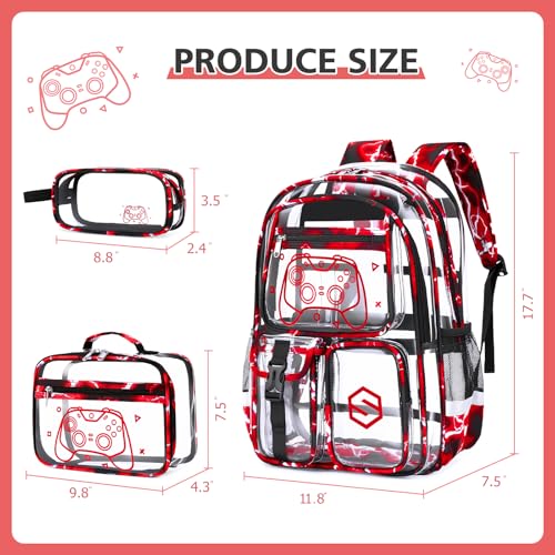 DIGOBAY 3PCS Cool Luminous Clear Backpack for Boys Kids, Gamer Clear Bookbag for School, See Through PVC Transparent Backpacks with Lunch Bag Pencil Case, Backpack Heavy Duty for School Stadium - color: Red Lightning
