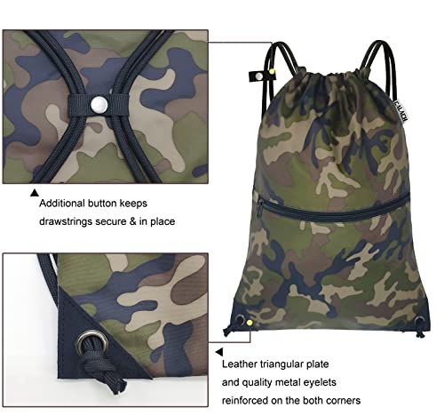 draw string back bag, Large Gym Sports string backpack for men and women with front zipper pocket and inside zipper pocket to keep key or phone (green camo) - color: Green Camo, style: Drawstring With Front Pocket