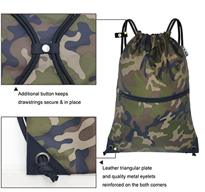 draw string back bag, Large Gym Sports string backpack for men and women with front zipper pocket and inside zipper pocket to keep key or phone (green camo) - color: Green Camo, style: Drawstring With Front Pocket