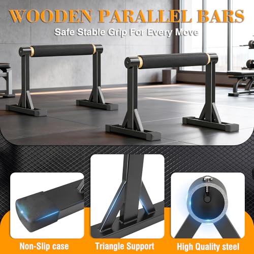 Wooden Parallel Bar and Dip Bar with Adjustable Height and Non-Slip Handles, Rock-Free Fitness Equipment for Handstands, L-Sits, Gymnastics and Strength Training for Home Gym, 600lbs Capacity - size: 12"