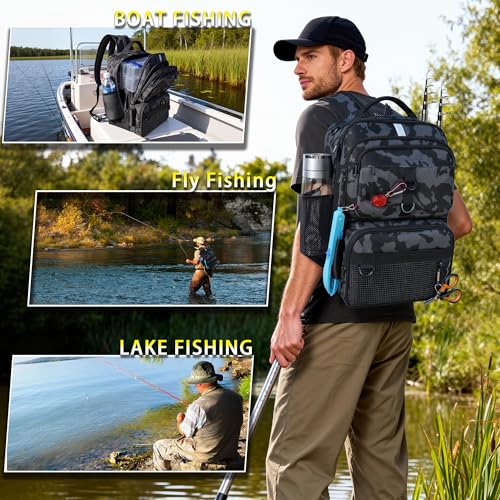 Fishing Backpack with Tackle Boxes and Rod Holder, 24L Fishing Sling Bag with Fishing Lures Kit, Fishing Gear Bag Gifts for Men Women - Camo Backpack - color: Camo Backpack