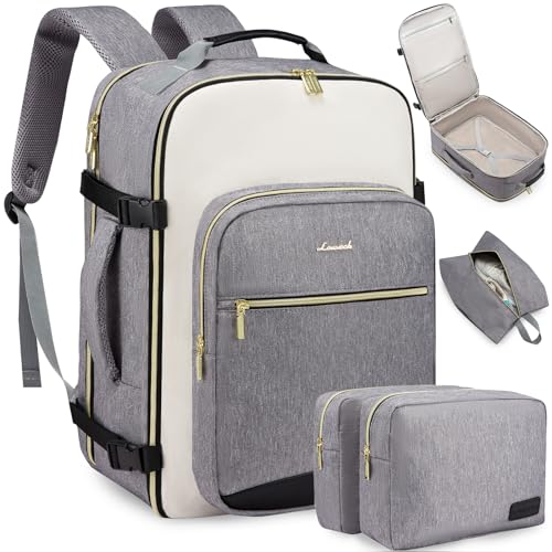 LOVEVOOK 50L Large Travel Backpack for Women & Men, Carry on Backpack Airline Approved, Waterproof Travel Essentials fits 18" Laptop, TSA Personal Item Travel Bag Sports Backpack with 3 Packing Cubes - color: Grey-beige-black, size: 18.5 Inch-50L-4Pcs