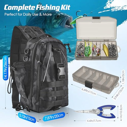 Fishing Tackle Backpack with 2 Tackle Boxes, 208PCS Complete Fishing Gear Kit for Beginners, Waterproof Fishing Bag Organizer with Fish Hook Remover, Lip Gripper, Pliers, Ideal Gift for Men