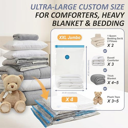 Cozy Essential Vacuum Storage Bags, 80% Compression Vacuum Seal Space Saver Plastic Packaging Bags for Clothes, Blankets, Pillow, Bedding, Comforters, Sealer Clothing Storage,4 XXL Jumbo - size: XXL Jumbo
