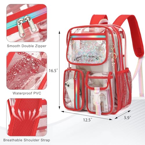 Clear Backpack for Girls Women, School Bookbag Heavy Duty See Through Backpacks (Red) - color: Red