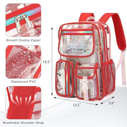 Clear Backpack for Girls Women, School Bookbag Heavy Duty See Through Backpacks (Red) - color: Red