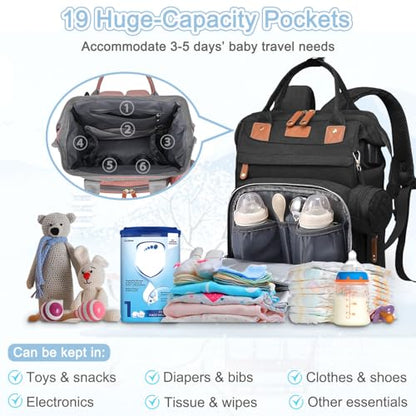 SHITIESHOU Diaper Bag Backpack Baby Bag for Mom Dad with Changing Pad, 19 Pockets, Large Waterproof Travel Baby Girl Boy Toddle Diaper Bag with Insulated Pocket, Baby Shower Gifts, Black - color: Black