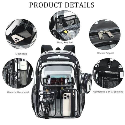 Clear Backpack for School,18 Inch Extra Large Heavy Duty Bookbag for Girls and Boys,Durable See Through PVC Transparent School Backpack for Travel(Black) - color: Black