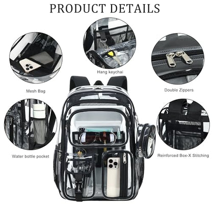 Clear Backpack for School,18 Inch Extra Large Heavy Duty Bookbag for Girls and Boys,Durable See Through PVC Transparent School Backpack for Travel(Black) - color: Black