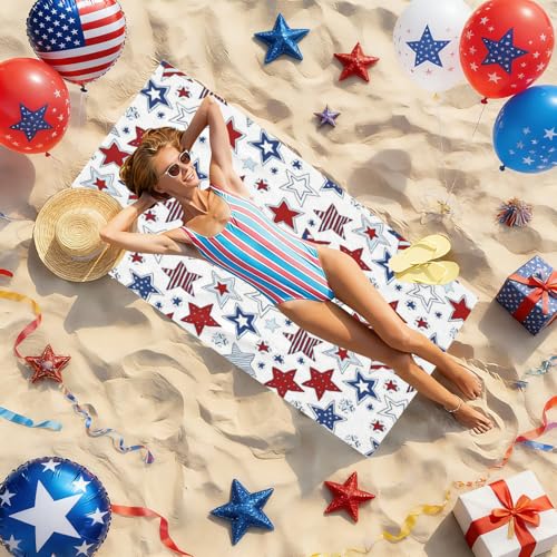 4th of July Stars Beach Towel, Memorial Day Quick Dry Sand Free Absorbent Bath Towel, Independence Day Microfiber Lightweight Towel Pool Travel Camping Gym Swim 30x60 Inch/ 77X153cm - color: Red Blue Stars