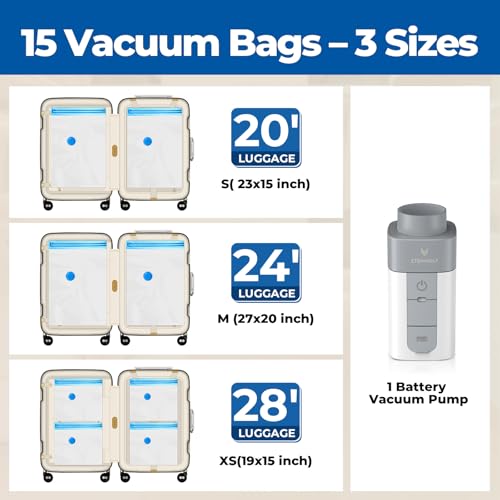 ETENWOLF Vacuum Storage Bags for Travel with Rechargeable Wireless Pump, Vacuum Seal Bags for Clothes and Travel, Space Saver Bags in Carry-On Sizes, Perfect for Luggage and Suitcases, 15 Combo - size: 15 Combo Size-E
