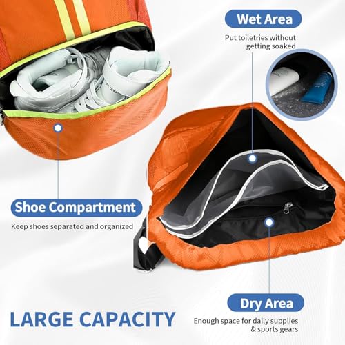 Drawstring Backpack Gym Bag with Shoe Compartment - Ideal for Basketball, Swimming, Beach Activities, Unisex - color: Orange