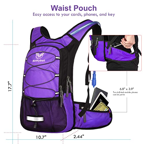 Mothybot Hydration Pack, Insulated Hydration Backpack with 2L BPA Free Water Bladder and Storage, Hiking Backpack for Men, Women, Kids for Running, Cycling, Camping - Keep Liquid Cool up to 5 Hours - color: Purple