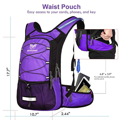 Mothybot Hydration Pack, Insulated Hydration Backpack with 2L BPA Free Water Bladder and Storage, Hiking Backpack for Men, Women, Kids for Running, Cycling, Camping - Keep Liquid Cool up to 5 Hours - color: Purple