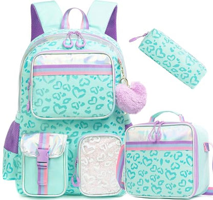 Meetbelify Aesthetic Backpack for Elementary Student with Lunch Box - Cute Bookbag for Girls 8-10 - color: 3pcs Green Love