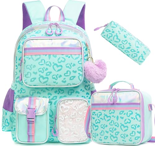 Meetbelify Aesthetic Backpack for Elementary Student with Lunch Box - Cute Bookbag for Girls 8-10 - color: 3pcs Green Love