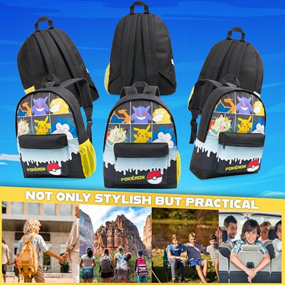 Pokemon Backpack for Kids Teens Boys Girls, Pikachu Anime Backpacks, Bag for Daycare Sports Vacation Travel, School Gift (Black Grid) - color: Black Grid
