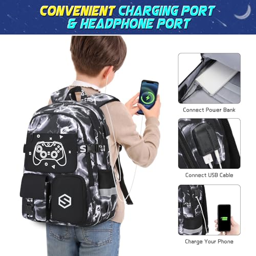 Scothen Boys Backpack, Cool Luminous School Backpack with Lunch Bag Pencil Case, Kids Backpack Kindergarten Elementary Middle School Book Bags for Teen Boys Children with USB Charging Port - color: Black Lightning