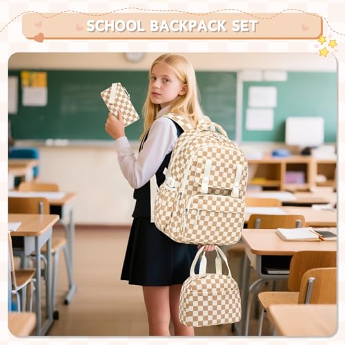 MUSEVOS Girls Backpack with Lunch Bag, Elementary Middle School Backpack, Large Capacity Kids Bookbag 3 Pcs Set - color: Khaki-3pcs-set
