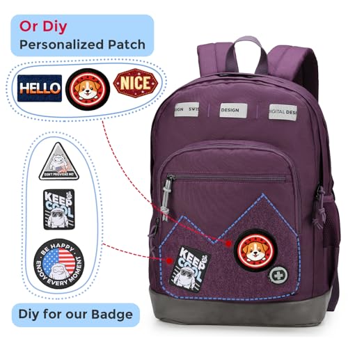 Swissdigital Design Big Student Laptop Backpack with Fun Personalized Patches For College Boy & Girl, Middle High School Teen Bookbag Cool Travel Daypack Purple - Includes 3 Patches | SD1718-51 - color: Dark Purple