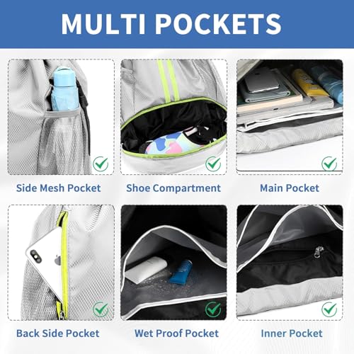 Drawstring Backpack Gym Bag with Shoe Compartment - Ideal for Basketball, Swimming, Beach Activities, Unisex - color: Silver Grey