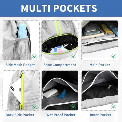 Drawstring Backpack Gym Bag with Shoe Compartment - Ideal for Basketball, Swimming, Beach Activities, Unisex - color: Silver Grey