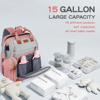 JOYCE Diaper Bag Backpack with Changing Pad, Water-Resistant, Pinkish Gray | Portable changinag pad, insulated bottle pockets, stroller straps, pacifier case, Multi-Compartment storage - color: Pinkish Gray