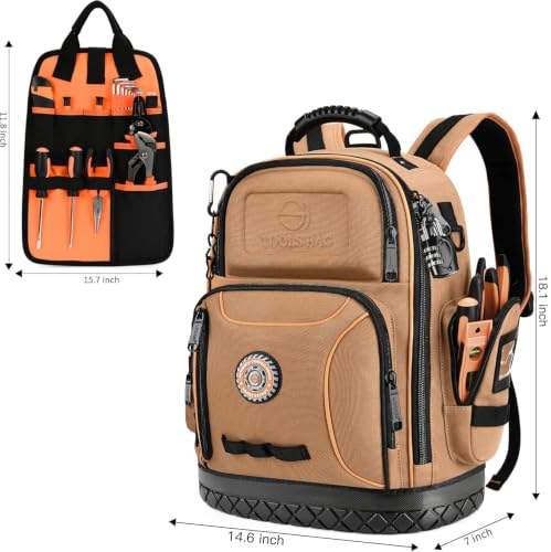 Tool Bag Backpack, 75 Pockets & Loops Canvas Heavy Duty Tools Organizer Bags/HVAC Tool Carrier for Electrician/Construction Work with Molded Base and Combination Lock - Brown - color: Brown