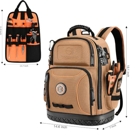 Tool Bag Backpack, 75 Pockets & Loops Canvas Heavy Duty Tools Organizer Bags/HVAC Tool Carrier for Electrician/Construction Work with Molded Base and Combination Lock - Brown - color: Brown