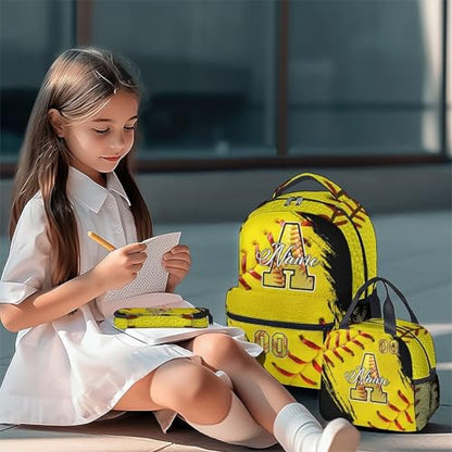 Mercuryelf Personalized Softball Backpack Set for Girls - Custom Kids Monogram School Bookbag for Players/Travel with Lunch Box - color: Yellow