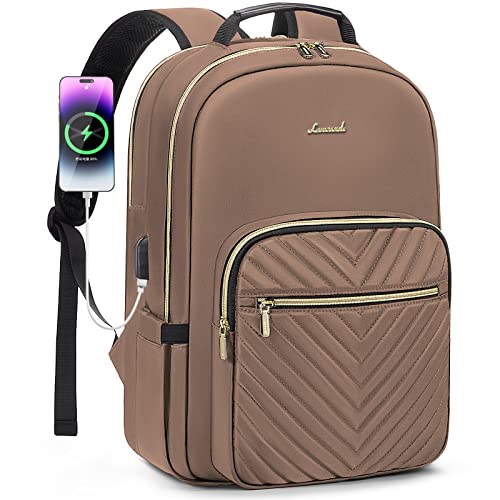 LOVEVOOK Laptop Backpack for Women 17.3 inch,Cute Womens Travel Backpack Purse,Professional Laptop Computer Bag,Waterproof Work Business College Teacher Bags Carry on Backpack with USB Port,Brown - color: Brown, size: 17.3 inch