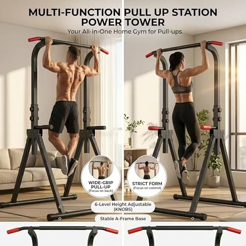 KINMAC Foldable Power Tower Pull Up Bar Station for Home Gym, 6-Level Adjustable Height Dip Station, Heavy-Duty Industrial Steel Workout Equipment, Space-Saving Free-Standing Strength Training Station for Apartment, 440LBS Capacity