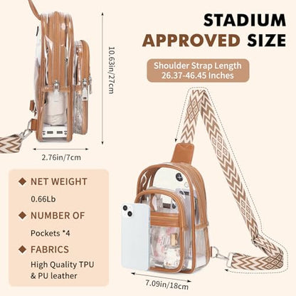 MOONBABY Clear Bag for Stadium Events, Clear Backpack Purse for Women Waterproof TPU Crossbody Fanny Pack | for Stadium Events - color: Leather Brown