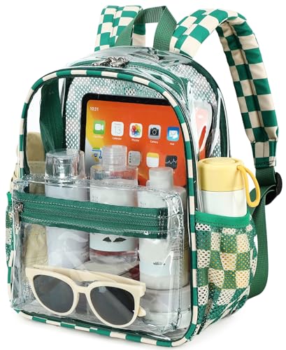 BTOOP Clear Mini Backpack for Stadium Events 12x12x6 Small Transparent Backpacks Plastic See Through Clear Bag for Concerts Work Festival Security Travel - color: Green White-checkered, size: 12'' H-Mini