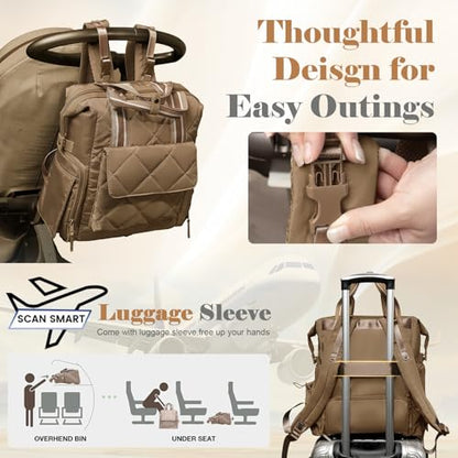 Omanmoli Diaper Bag Backpack Quilted Baby Diaper Bag Lunch Backpack Pañaleras Para Bebe for Working Moms with 11 Pouches,Large Insulated Cooler Compartment,Stroller Straps,Changing Pad,Brown - color: Brown