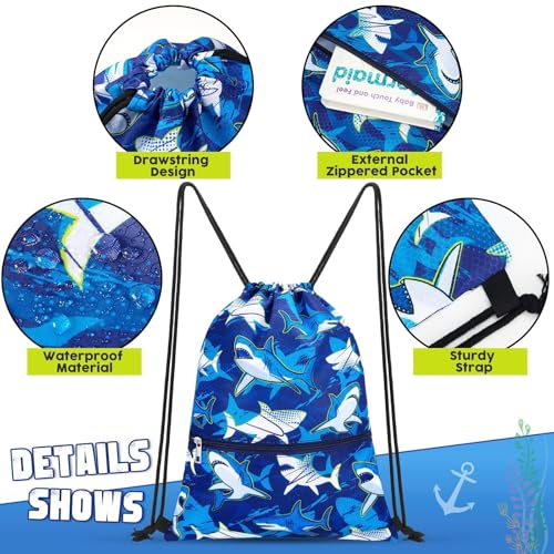 WAWASAM Kids Drawstring Backpack, Gym Swim Bag Cinch Bag for Girls Boys with Zipper Pocket - color: Shark A002