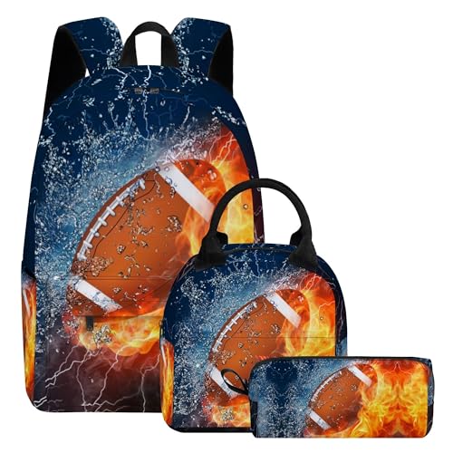 3PCS Backpack for Boys Girls, Kids Football Back to School Backpack Sets with Lunch Bag Pencil Case, 17 Inch Lightweight Bookpack 3 in 1 Set for Teens Elementary Middle High School Students - color: Water Fire Football