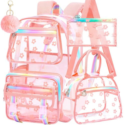 KLFVB Clear School Backpack Heavy Duty, 3PCS Girls See Through Bag Set, Cute Transparent Bookbag for Women - Plum Blossom Pink - color: Plum Blossom Pink Clear Backpack