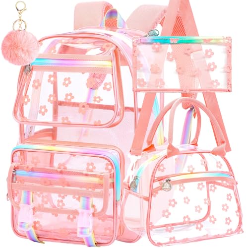 KLFVB Clear School Backpack Heavy Duty, 3PCS Girls See Through Bag Set, Cute Transparent Bookbag for Women - Plum Blossom Pink - color: Plum Blossom Pink Clear Backpack