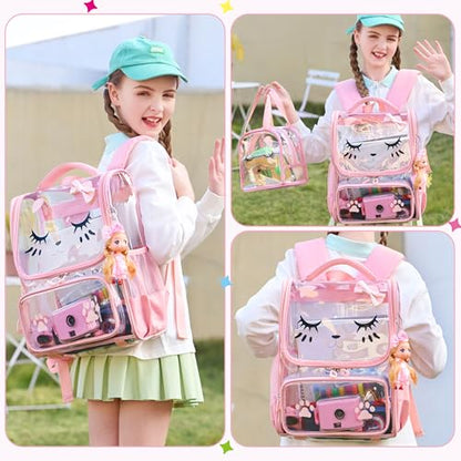 AO ALI VICTORY clear backpack Girls with Tote Bag Heavy Duty PVC Transparent Cute Backpack for Kids Toddler Preschool Bookbags Elementary School Bags See Through Casual Travel Daypack, Pink Set - color: Pink Set