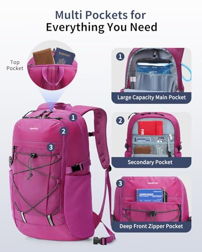 ECOHUB Hiking Backpack 30L Travel Backpack Lightweight Casual Daypack Water Resistant Camping Bag Outdoor Sports Back pack for Men Women - color: Rose Red