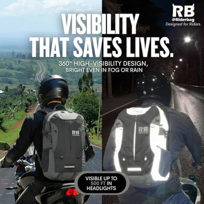 riderbag Reflective Motorcycle Backpack, Hi Viz Commuter Riding Bag | Designed by Riders for Everyday Rides with Laptop Compartment and Helmet Net. Built to Help You Be Seen. - color: Black