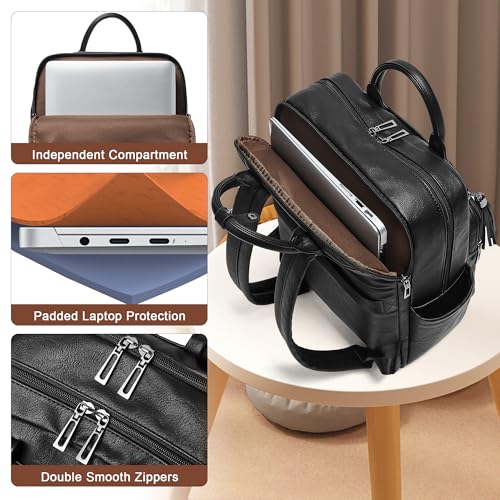 Shrrie Laptop Backpack for Women 15.6 inch Travel Leather Backpack Purse Work Computer Backpacks for Business College Black - color: Black